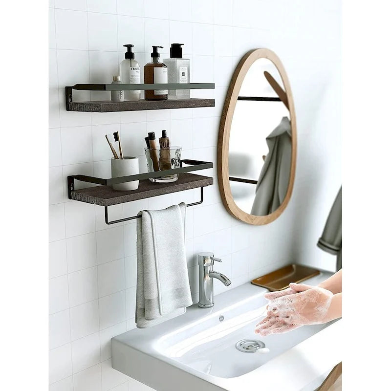 Dark Brown Wall-Mounted Floating Shelf with Removable Towel Rail Dark Finish