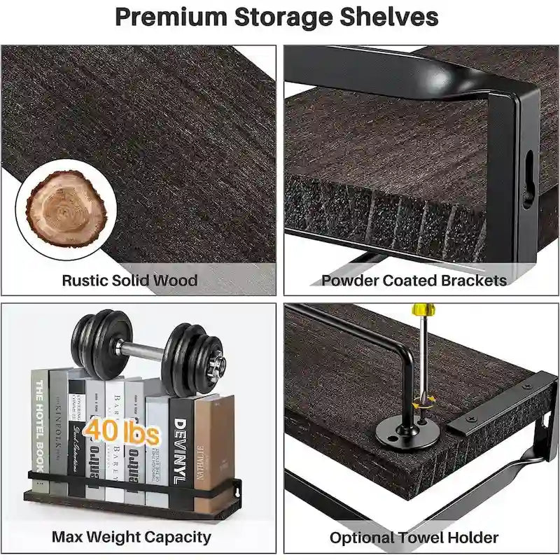 Dark Brown Wall-Mounted Floating Shelf with Removable Towel Rail Dark Finish