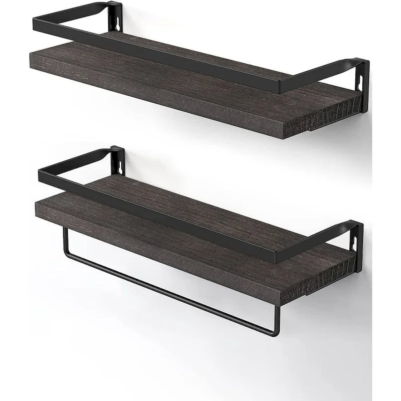 Dark Brown Wall-Mounted Floating Shelf with Removable Towel Rail Dark Finish