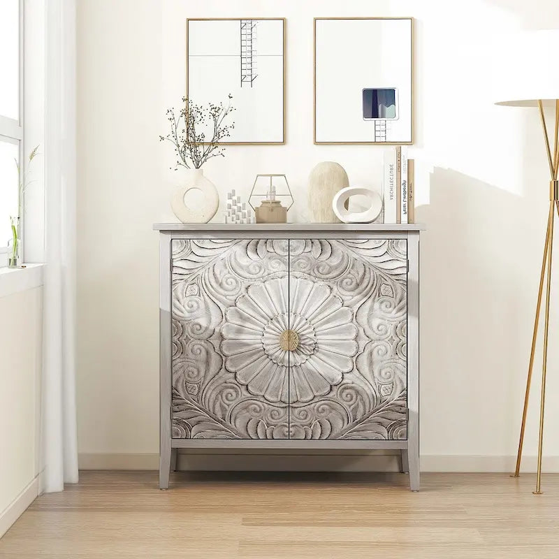 Light Grey Carved Floral 2-Door Storage Cabinet with Adjustable Shelves