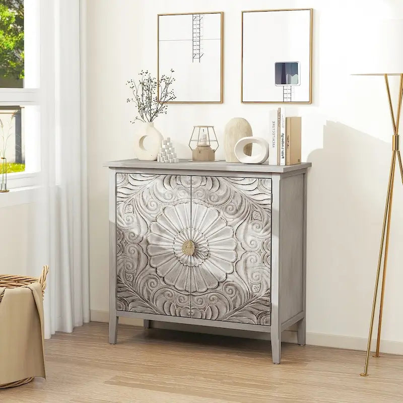 Light Grey Carved Floral 2-Door Storage Cabinet with Adjustable Shelves