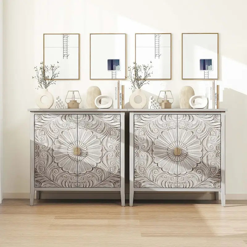 Light Grey Carved Floral 2-Door Storage Cabinet with Adjustable Shelves
