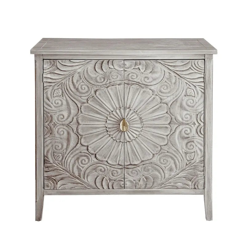 Light Grey Carved Floral 2-Door Storage Cabinet with Adjustable Shelves