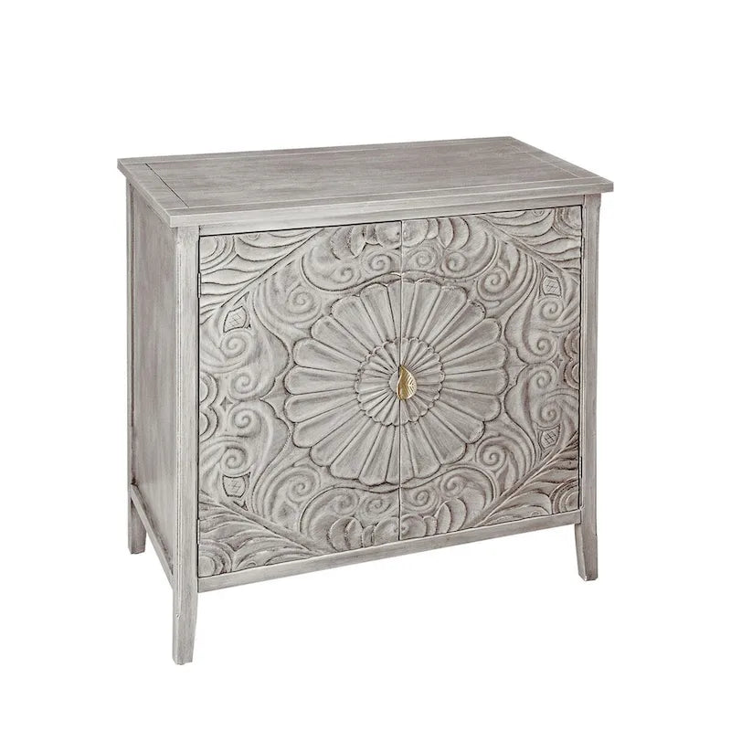 Light Grey Carved Floral 2-Door Storage Cabinet with Adjustable Shelves