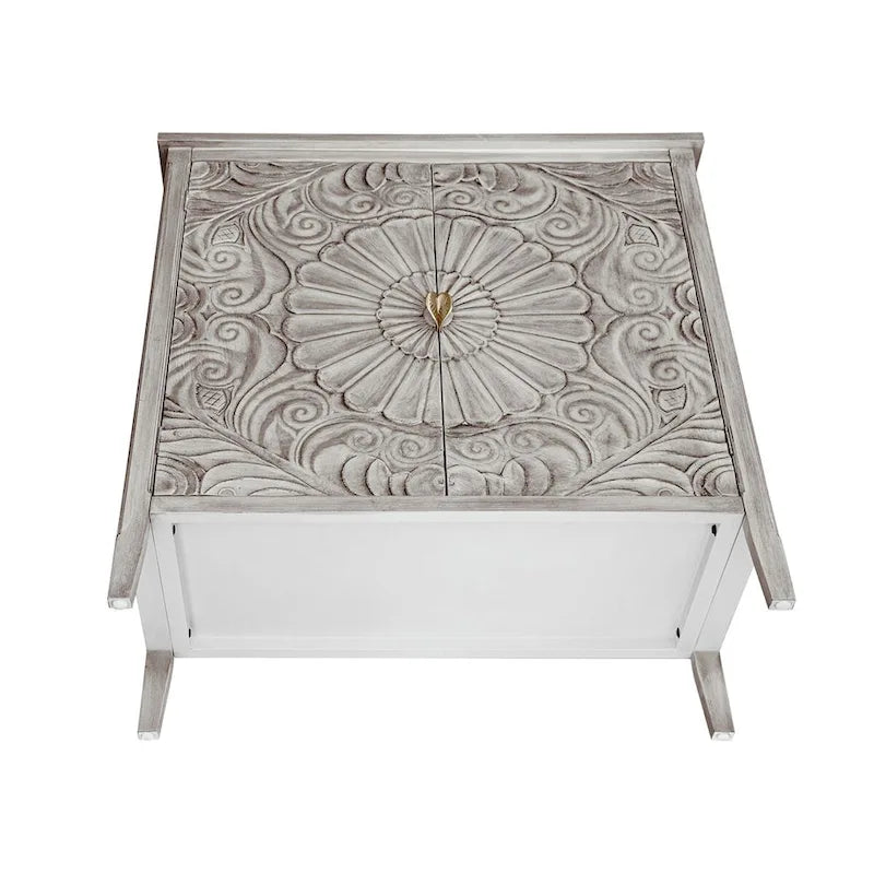 Light Grey Carved Floral 2-Door Storage Cabinet with Adjustable Shelves