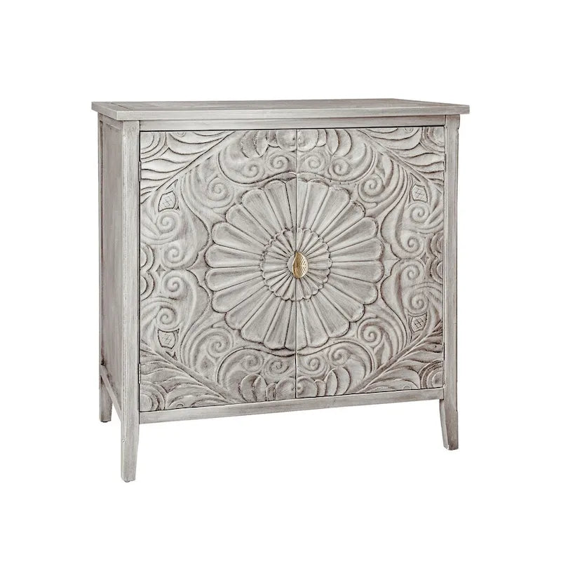 Light Grey Carved Floral 2-Door Storage Cabinet with Adjustable Shelves