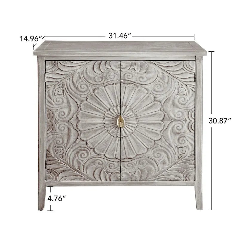 Light Grey Carved Floral 2-Door Storage Cabinet with Adjustable Shelves