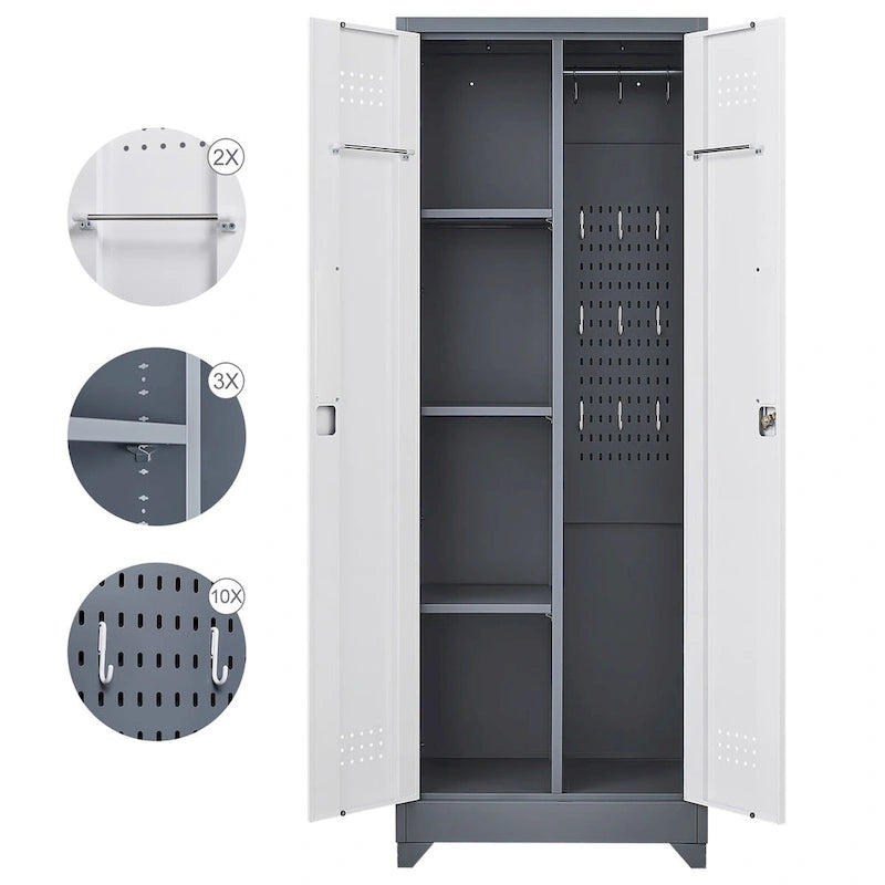 Tall Metal Storage Cabinet with Locking Double Doors and Ventilation Grey