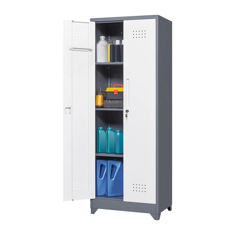 Tall Metal Storage Cabinet with Locking Double Doors and Ventilation Grey