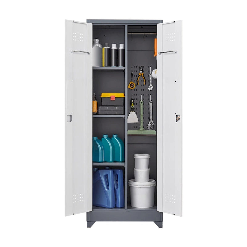 Tall Metal Storage Cabinet with Locking Double Doors and Ventilation Grey