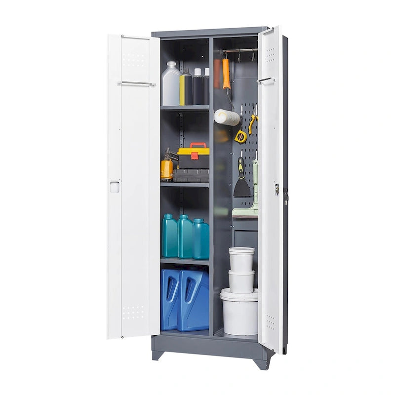 Tall Metal Storage Cabinet with Locking Double Doors and Ventilation Grey