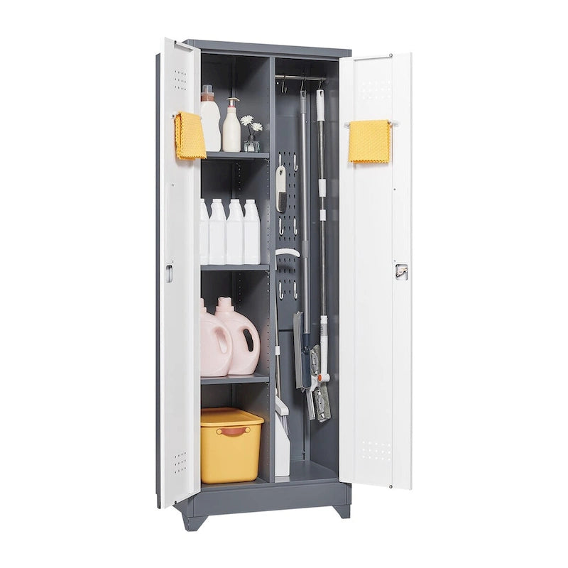 Tall Metal Storage Cabinet with Locking Double Doors and Ventilation Grey