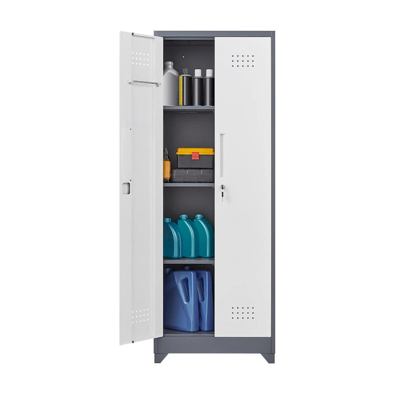 Tall Metal Storage Cabinet with Locking Double Doors and Ventilation Grey