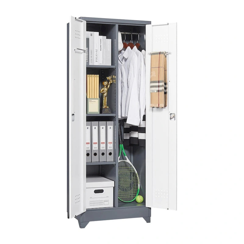 Tall Metal Storage Cabinet with Locking Double Doors and Ventilation Grey