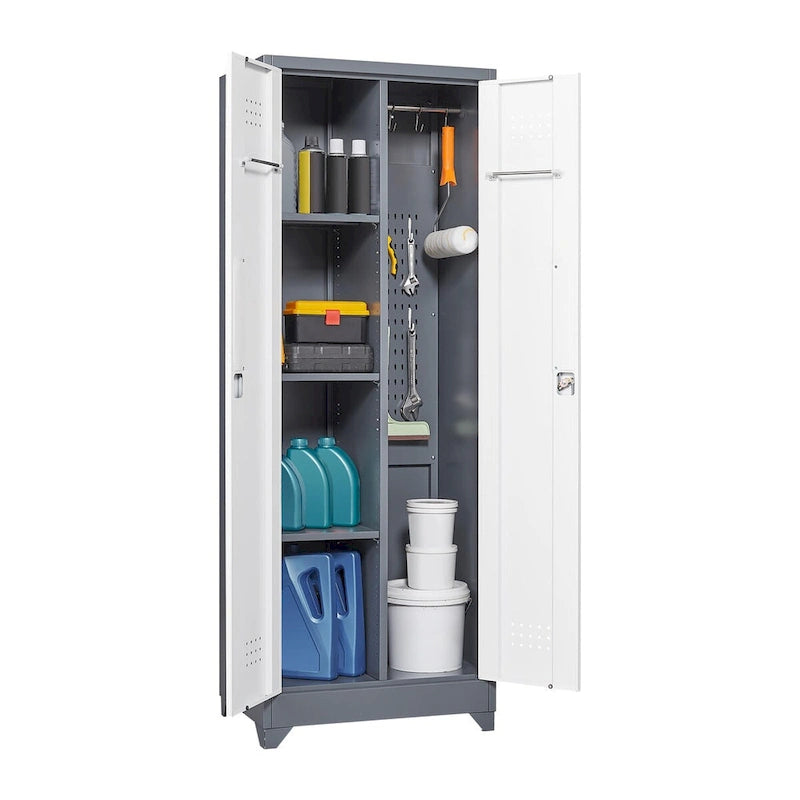 Tall Metal Storage Cabinet with Locking Double Doors and Ventilation Grey