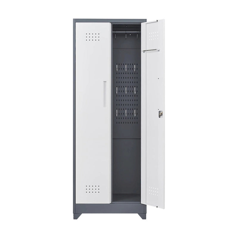 Tall Metal Storage Cabinet with Locking Double Doors and Ventilation Grey