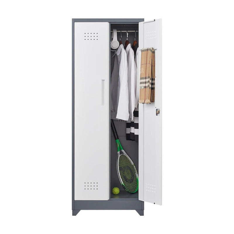 Tall Metal Storage Cabinet with Locking Double Doors and Ventilation Grey
