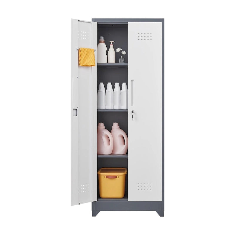 Tall Metal Storage Cabinet with Locking Double Doors and Ventilation Grey