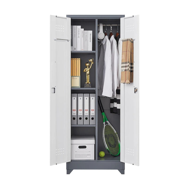 Tall Metal Storage Cabinet with Locking Double Doors and Ventilation Grey