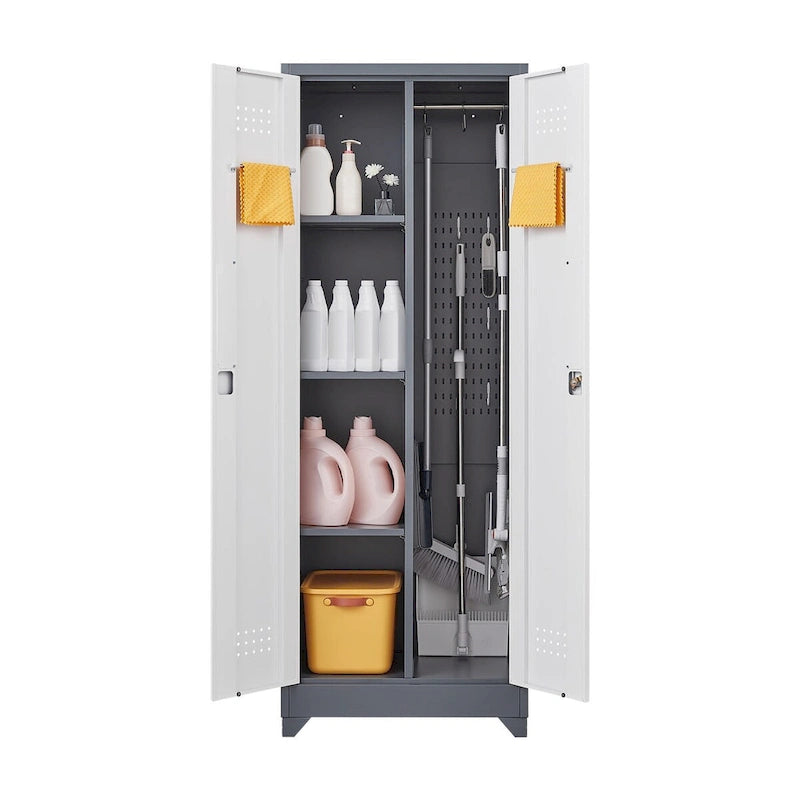 Tall Metal Storage Cabinet with Locking Double Doors and Ventilation Grey
