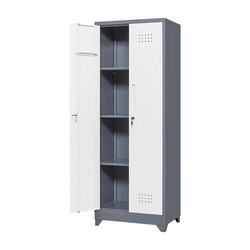 Tall Metal Storage Cabinet with Locking Double Doors and Ventilation Grey