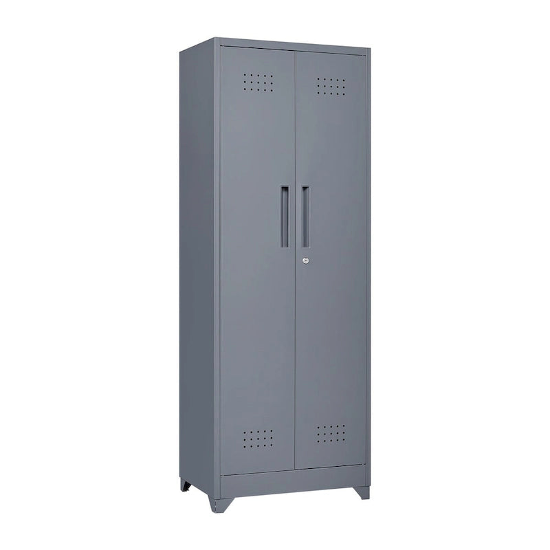 Tall Metal Storage Cabinet with Locking Double Doors and Ventilation Grey