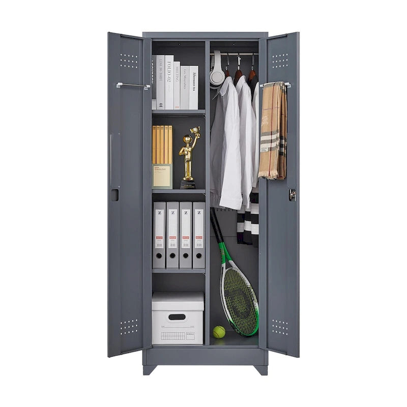 Tall Metal Storage Cabinet with Locking Double Doors and Ventilation Grey