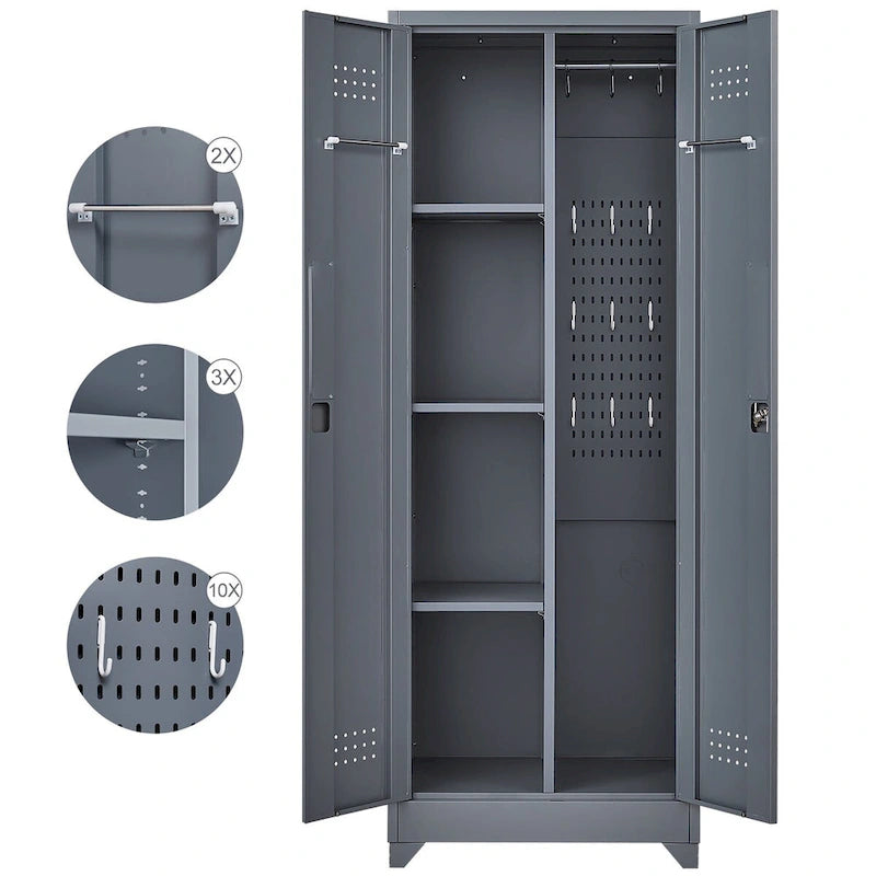 Tall Metal Storage Cabinet with Locking Double Doors and Ventilation Grey