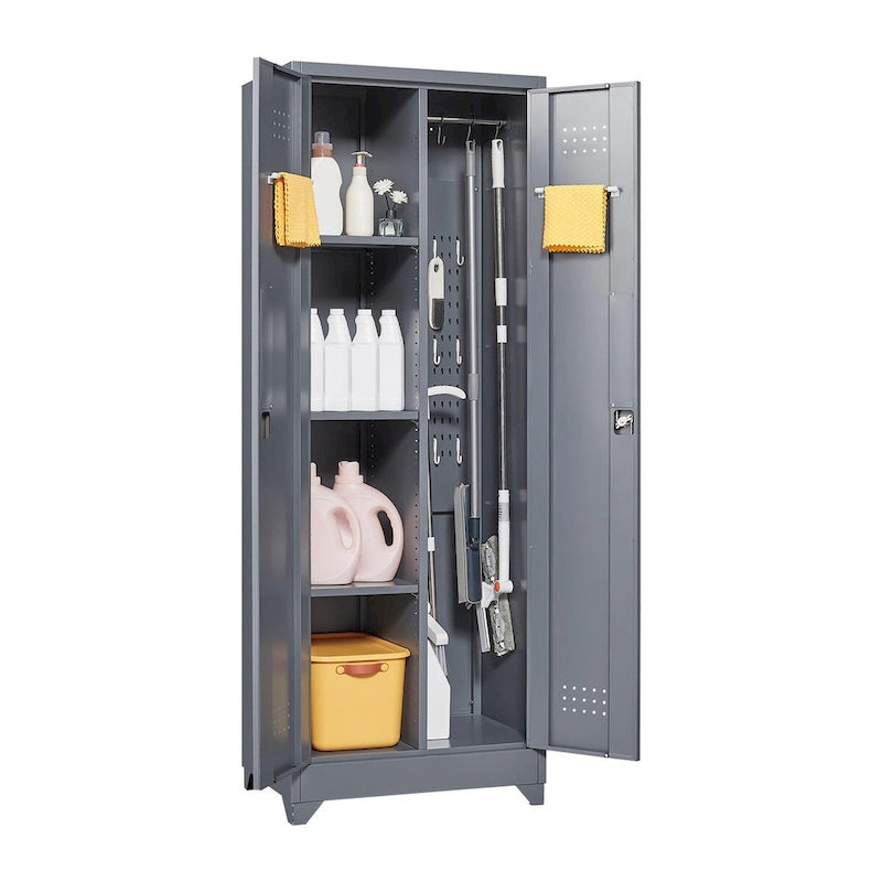 Tall Metal Storage Cabinet with Locking Double Doors and Ventilation Grey