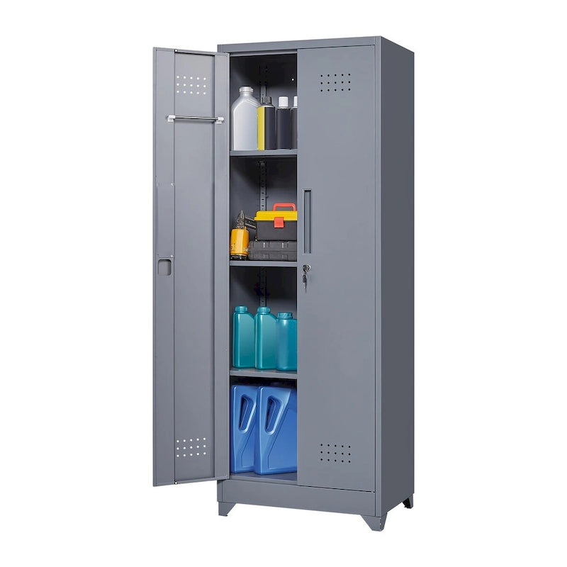 Tall Metal Storage Cabinet with Locking Double Doors and Ventilation Grey