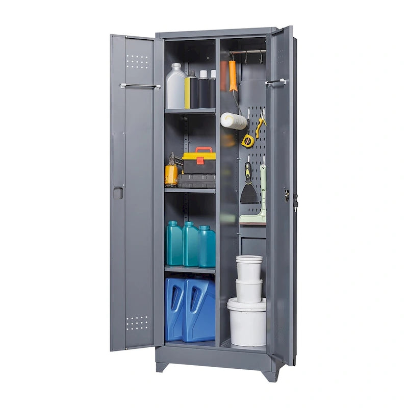 Tall Metal Storage Cabinet with Locking Double Doors and Ventilation Grey