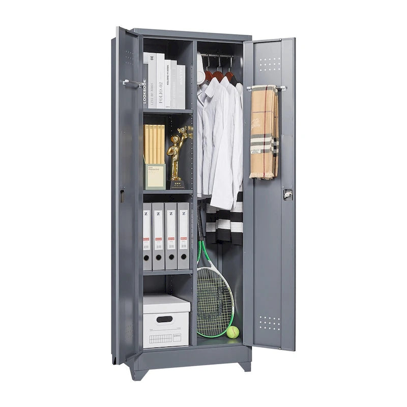 Tall Metal Storage Cabinet with Locking Double Doors and Ventilation Grey