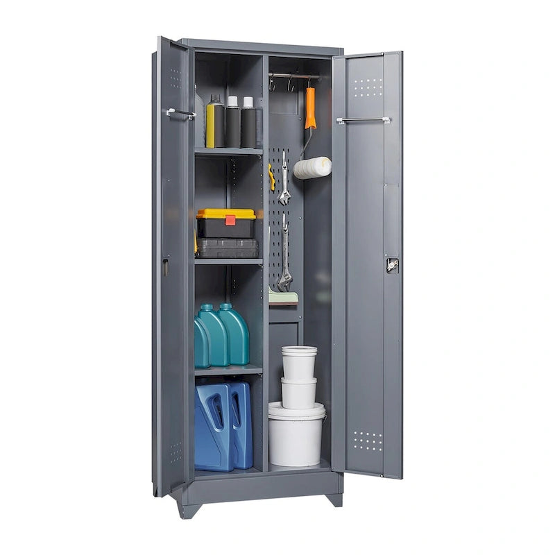 Tall Metal Storage Cabinet with Locking Double Doors and Ventilation Grey