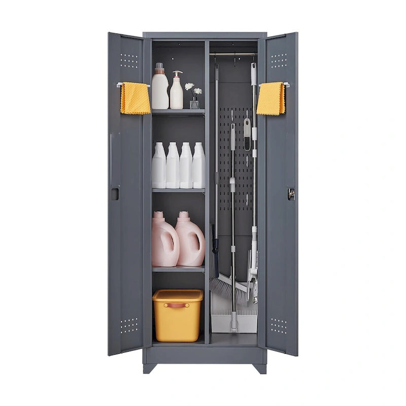 Tall Metal Storage Cabinet with Locking Double Doors and Ventilation Grey