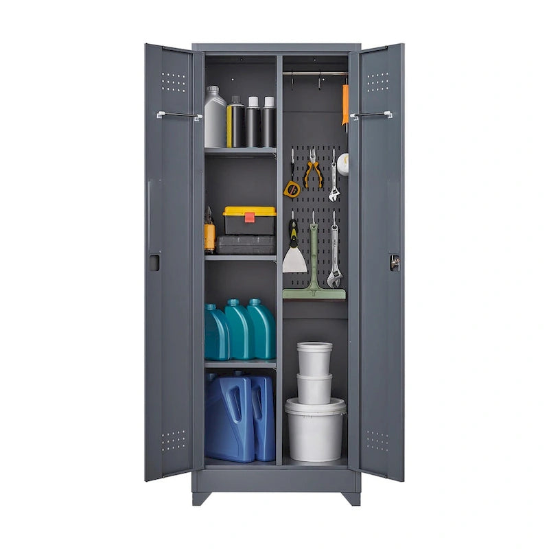 Tall Metal Storage Cabinet with Locking Double Doors and Ventilation Grey