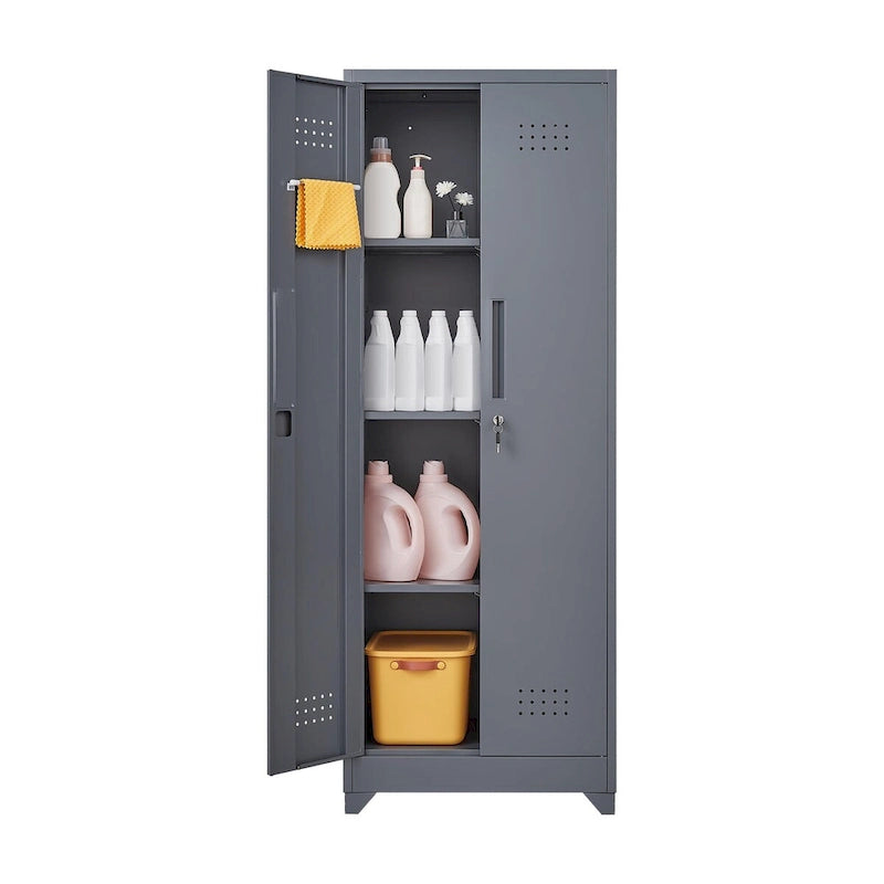 Tall Metal Storage Cabinet with Locking Double Doors and Ventilation Grey