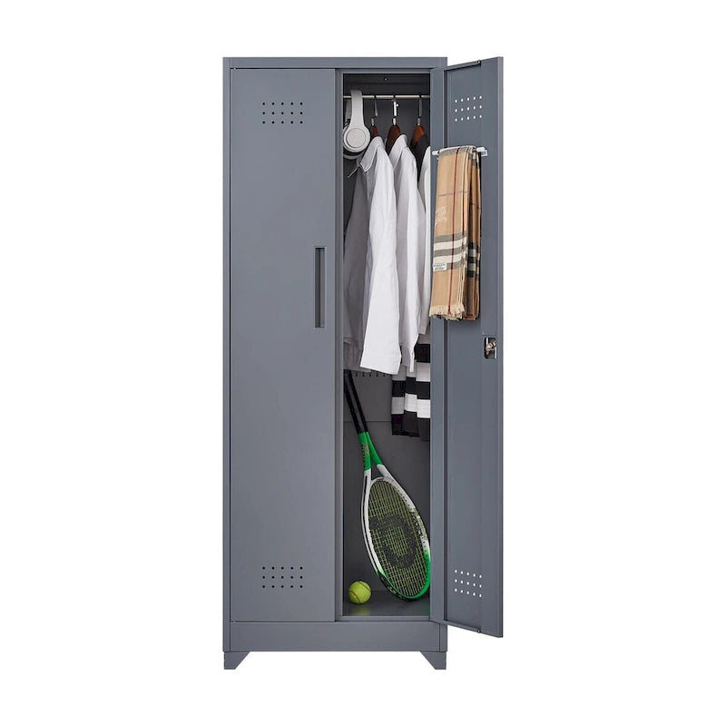 Tall Metal Storage Cabinet with Locking Double Doors and Ventilation Grey