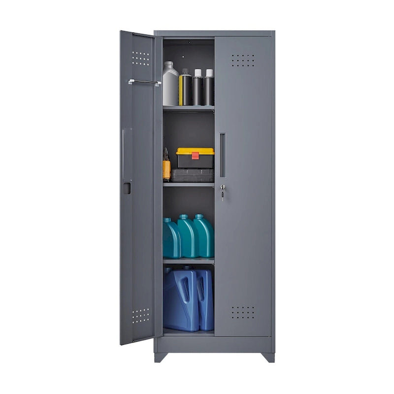 Tall Metal Storage Cabinet with Locking Double Doors and Ventilation Grey