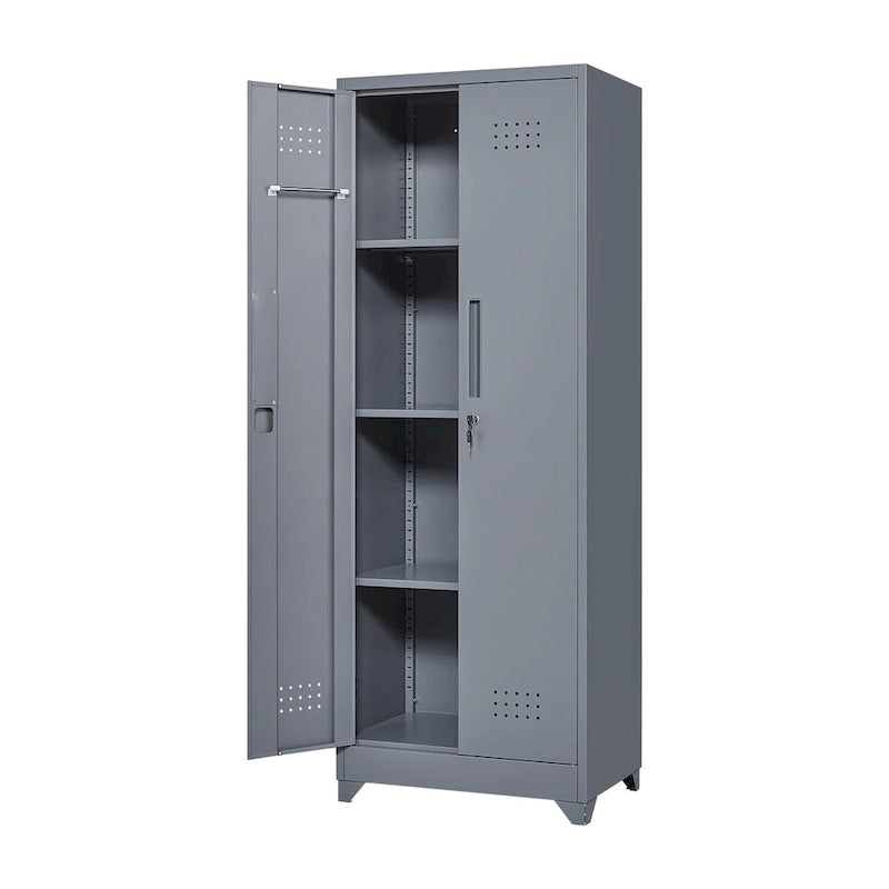 Tall Metal Storage Cabinet with Locking Double Doors and Ventilation Grey