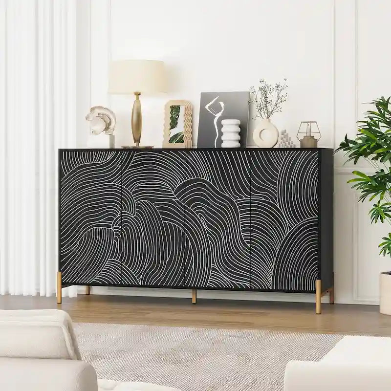 Black Wave Carved 4-Door Buffet Sideboard Cabinet with Adjustable Shelves