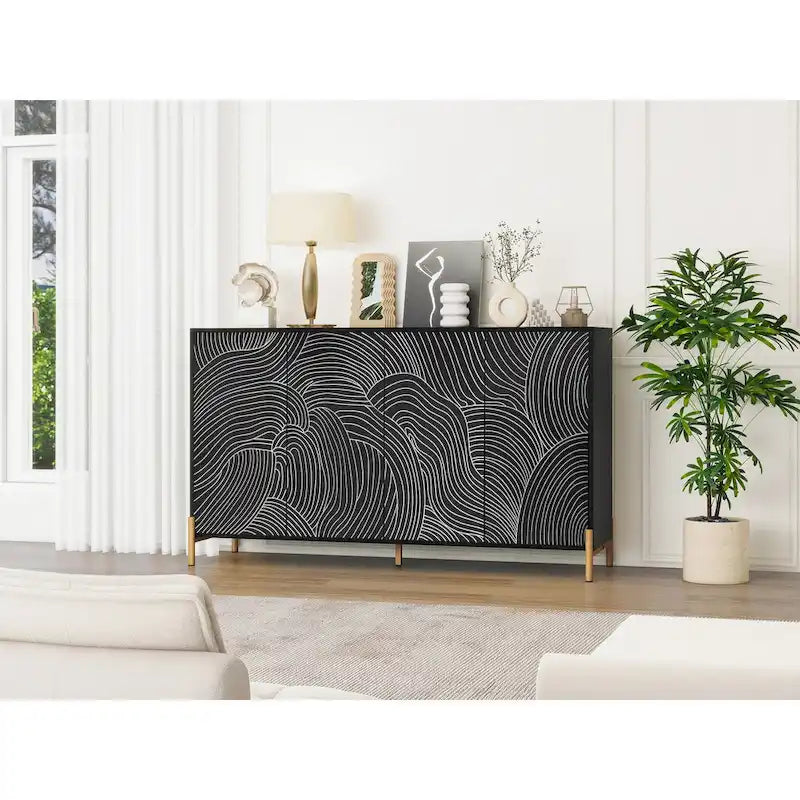 Black Wave Carved 4-Door Buffet Sideboard Cabinet with Adjustable Shelves