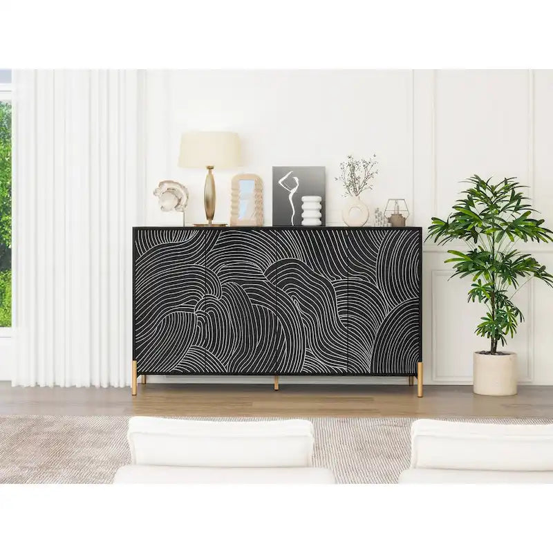 Black Wave Carved 4-Door Buffet Sideboard Cabinet with Adjustable Shelves