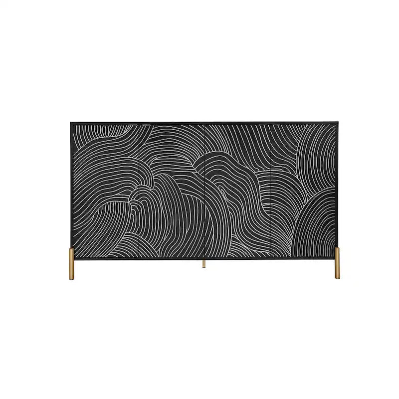 Black Wave Carved 4-Door Buffet Sideboard Cabinet with Adjustable Shelves