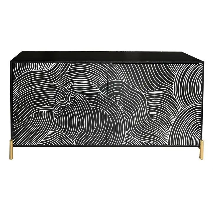 Black Wave Carved 4-Door Buffet Sideboard Cabinet with Adjustable Shelves