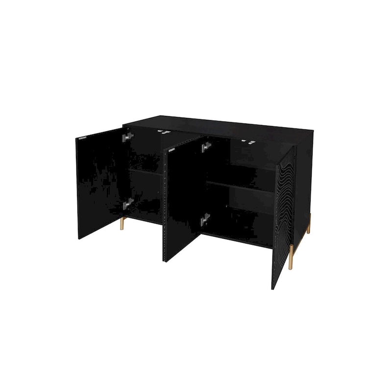 Black Wave Carved 4-Door Buffet Sideboard Cabinet with Adjustable Shelves
