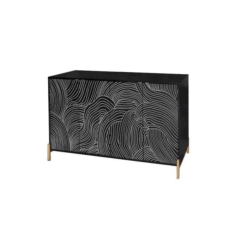 Black Wave Carved 4-Door Buffet Sideboard Cabinet with Adjustable Shelves