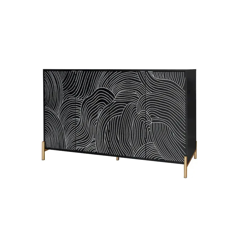 Black Wave Carved 4-Door Buffet Sideboard Cabinet with Adjustable Shelves