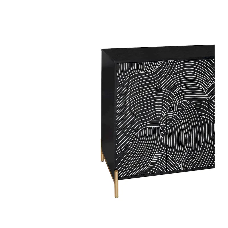 Black Wave Carved 4-Door Buffet Sideboard Cabinet with Adjustable Shelves