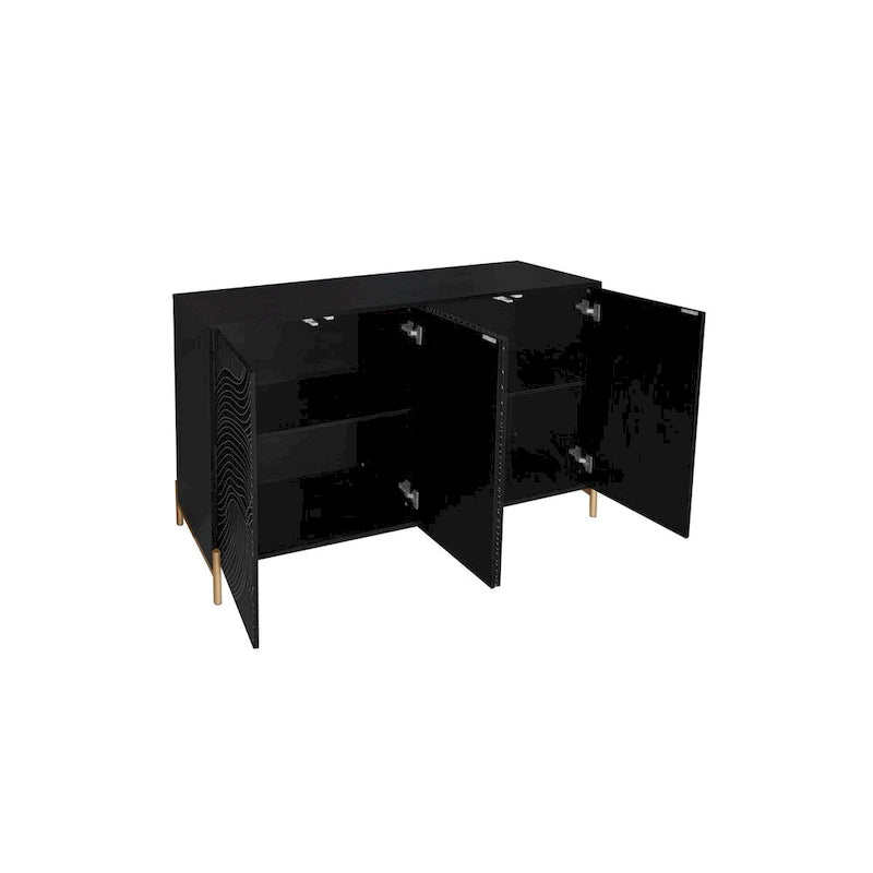 Black Wave Carved 4-Door Buffet Sideboard Cabinet with Adjustable Shelves