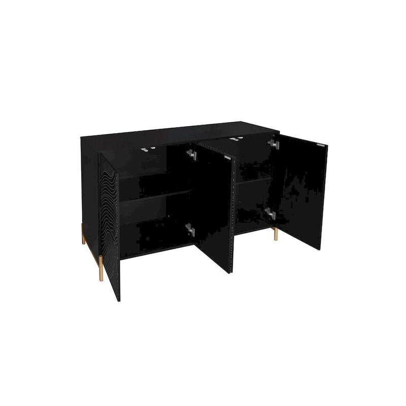 Black Wave Carved 4-Door Buffet Sideboard Cabinet with Adjustable Shelves